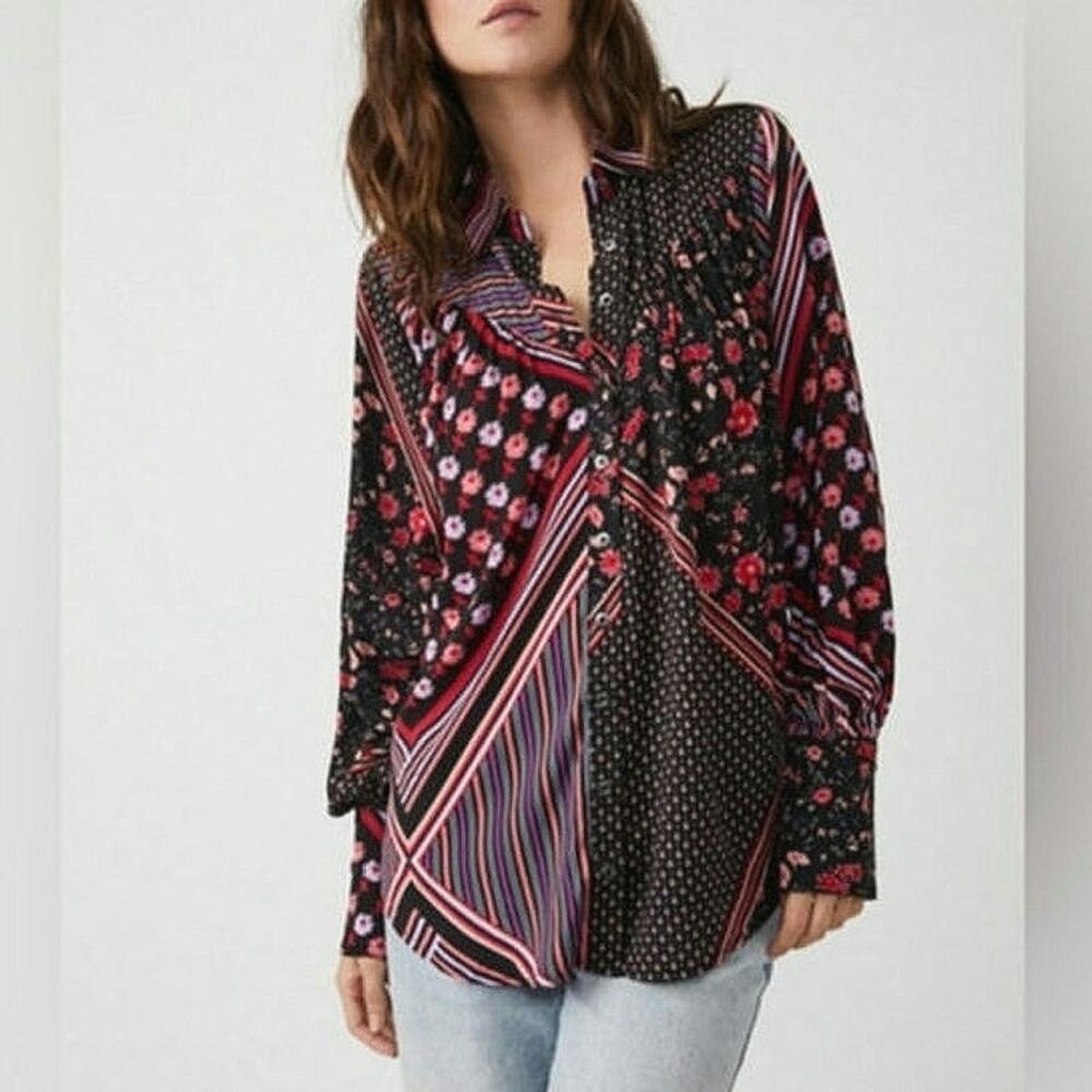 Free People Hazel Patchwork Floral Stripe Button Down Shirt Boho Black Red S